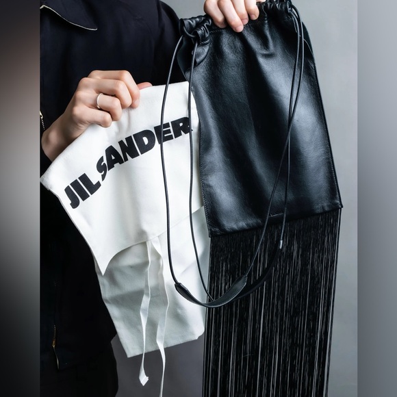 Jil Sander Designer Black Leather Tassle Fringe Unique Smooth Bag Handbag Should - Picture 2 of 16